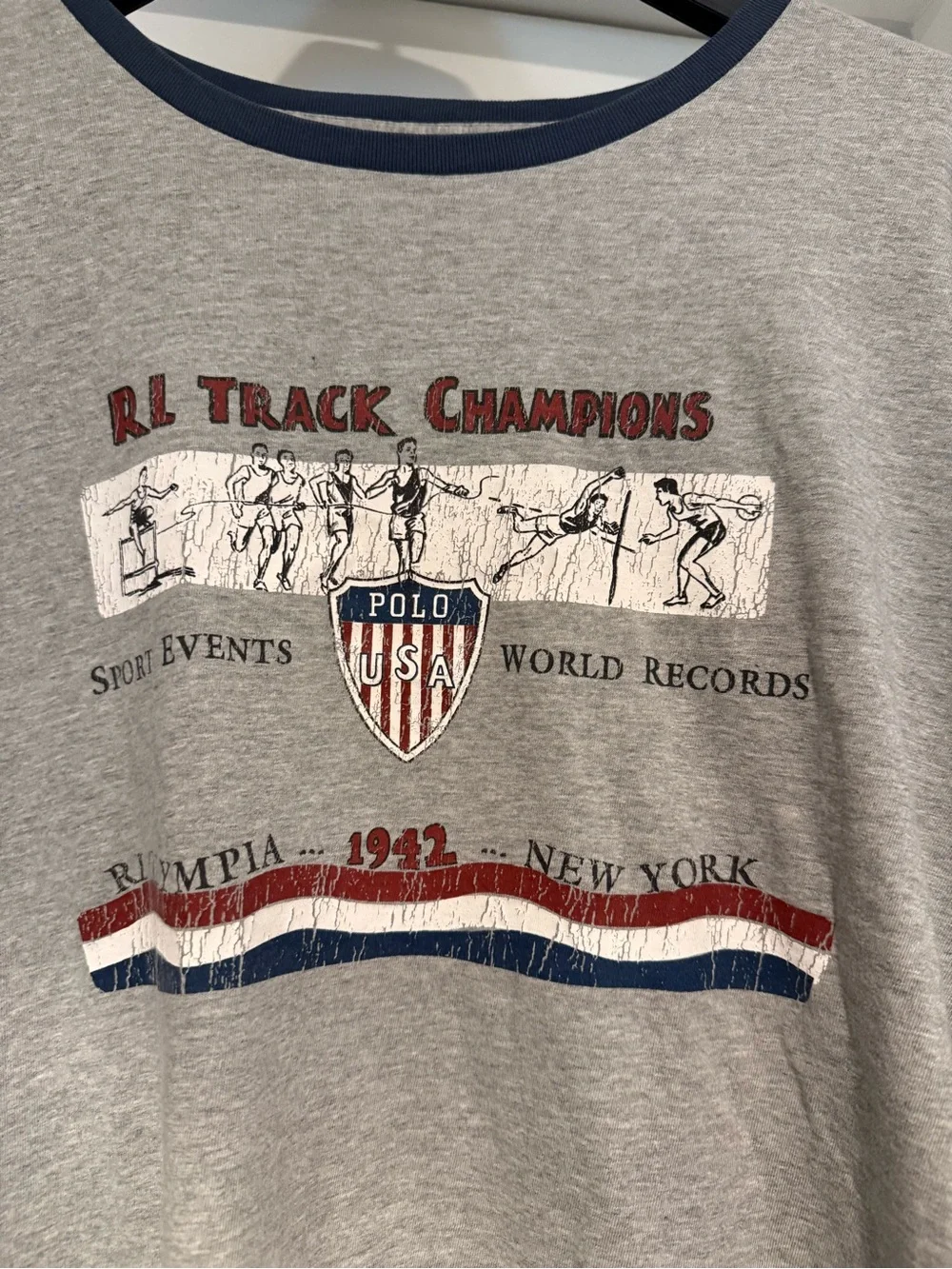 Vintage Polo by Ralph Lauren Grey Olympians Track Champions Tee with Navy Trim